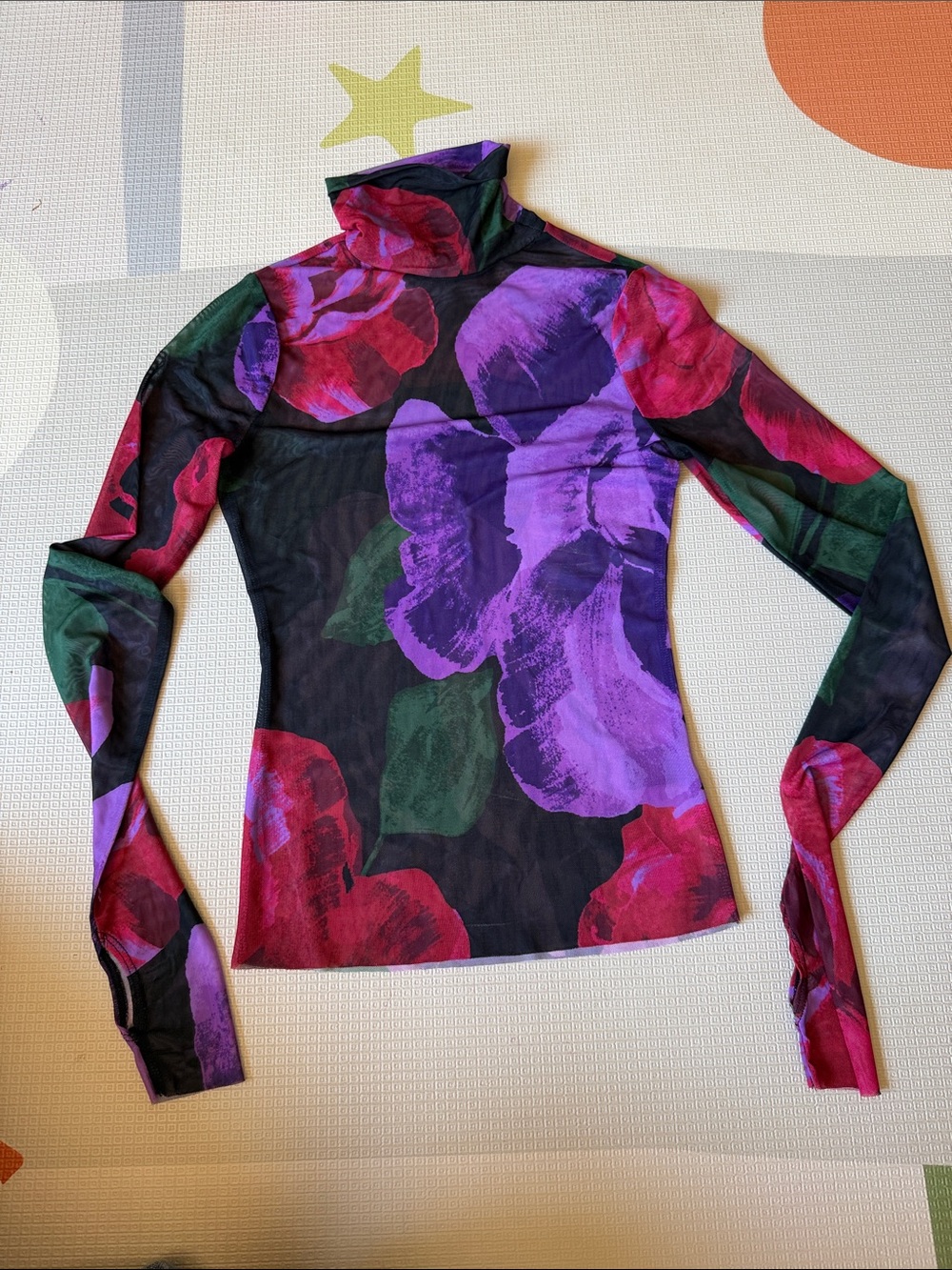 AFRM Sheer Floral Turtleneck in Purple, Red & Green